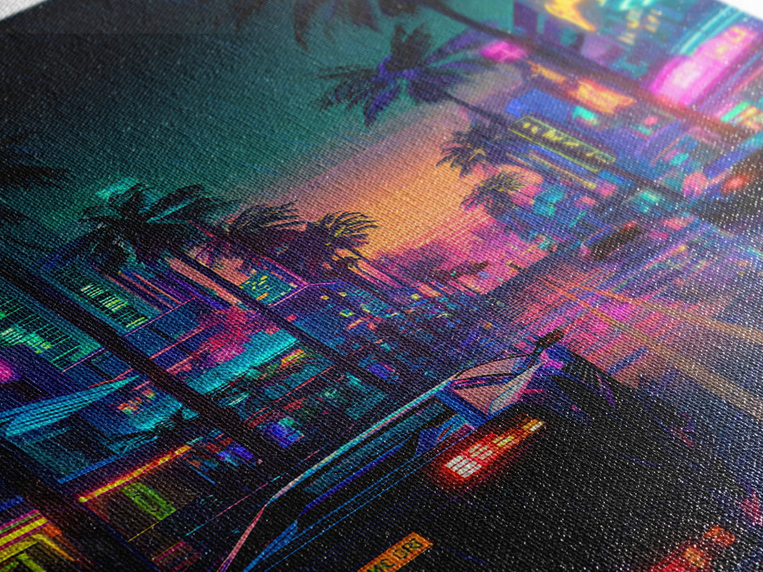 Neon City Rainy Night Street Retro Futuristic Art Print With Car Reflections And Palm Trees Canvas Print For Modern Wall Decor