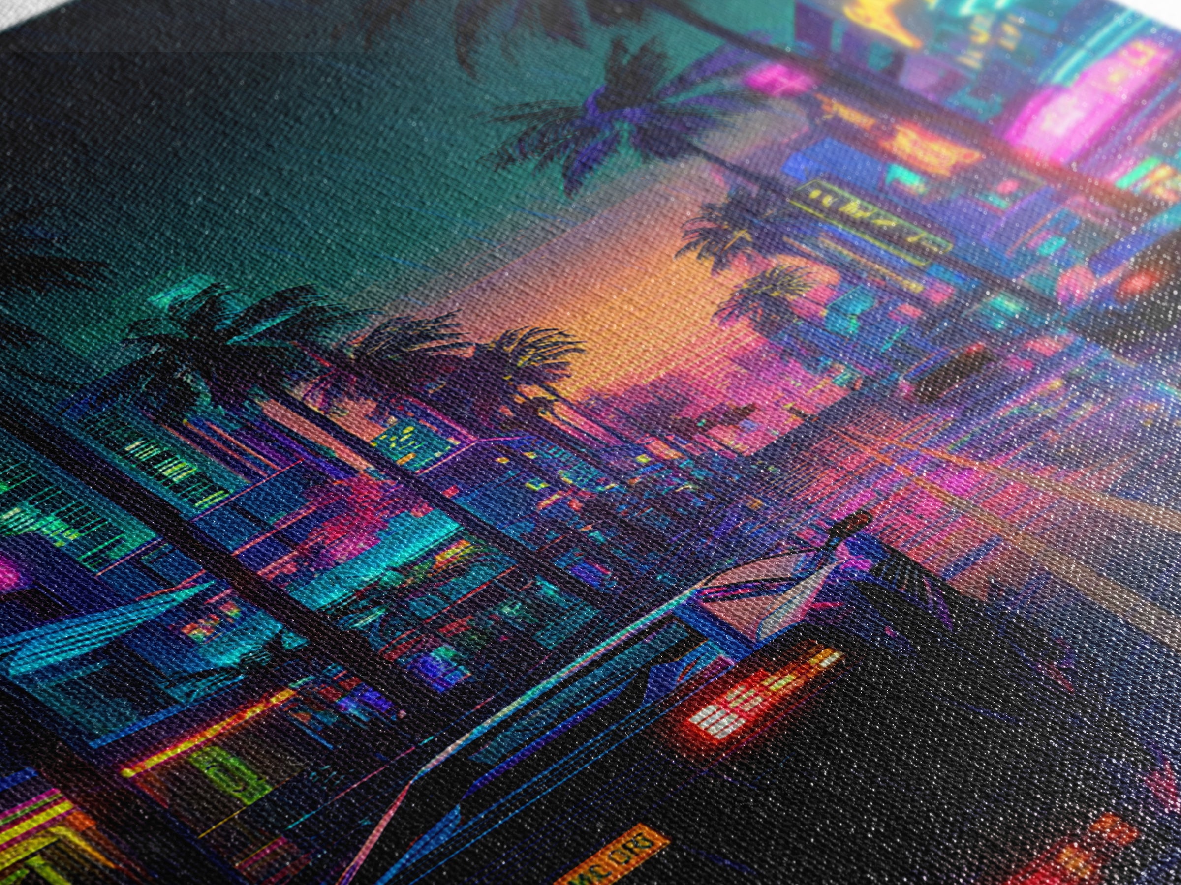 Neon City Rainy Night Street Retro Futuristic Art Print With Car Reflections And Palm Trees Canvas Print For Modern Wall Decor