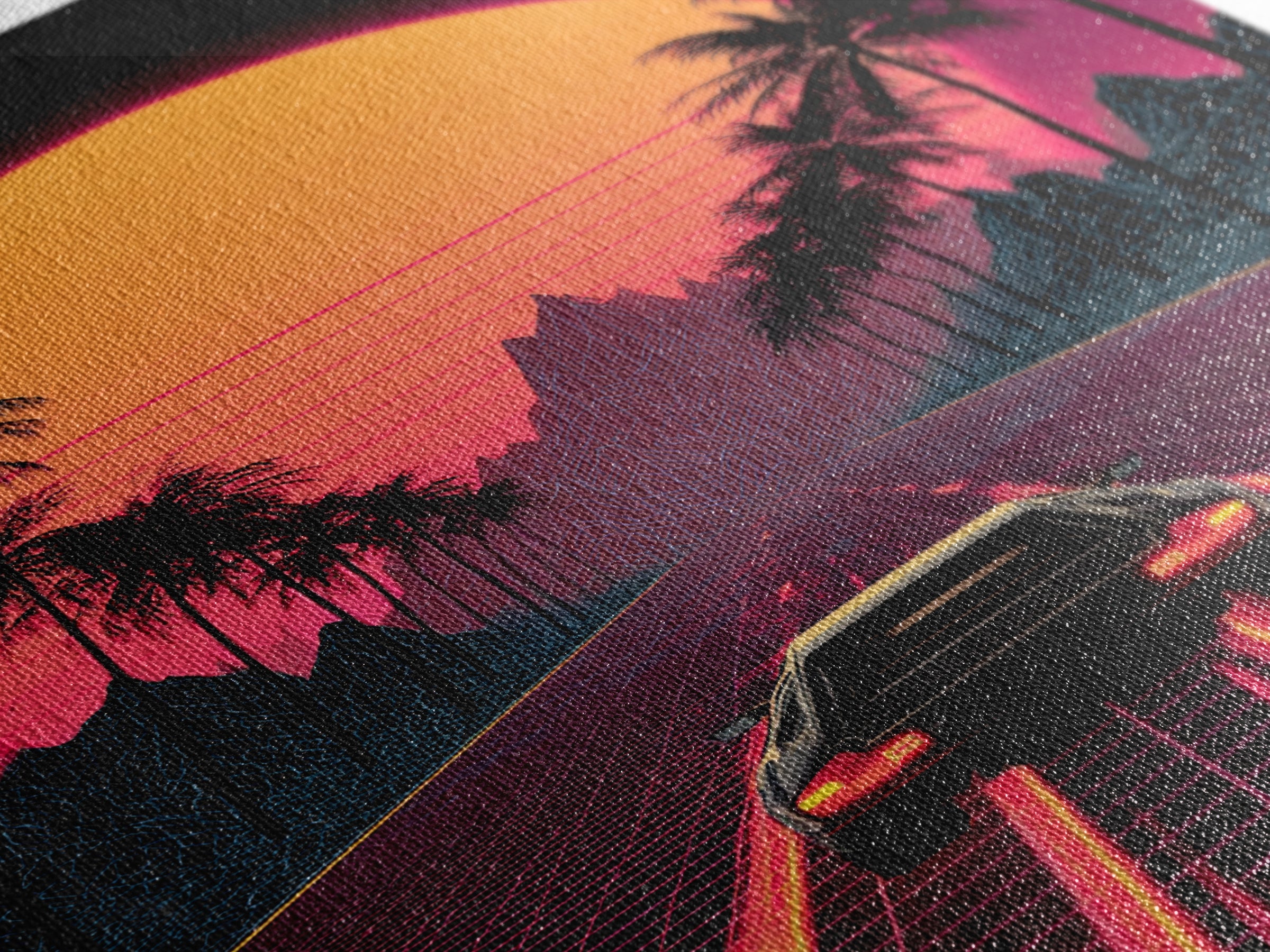 Retro Futuristic Neon Sunset Road With Laser Grid And Sports Car Canvas Print For Modern Wall Art Cyberpunk Decor And Gaming Room Decor