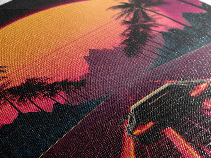 Retro Futuristic Neon Sunset Road With Laser Grid And Sports Car Canvas Print For Modern Wall Art Cyberpunk Decor And Gaming Room Decor