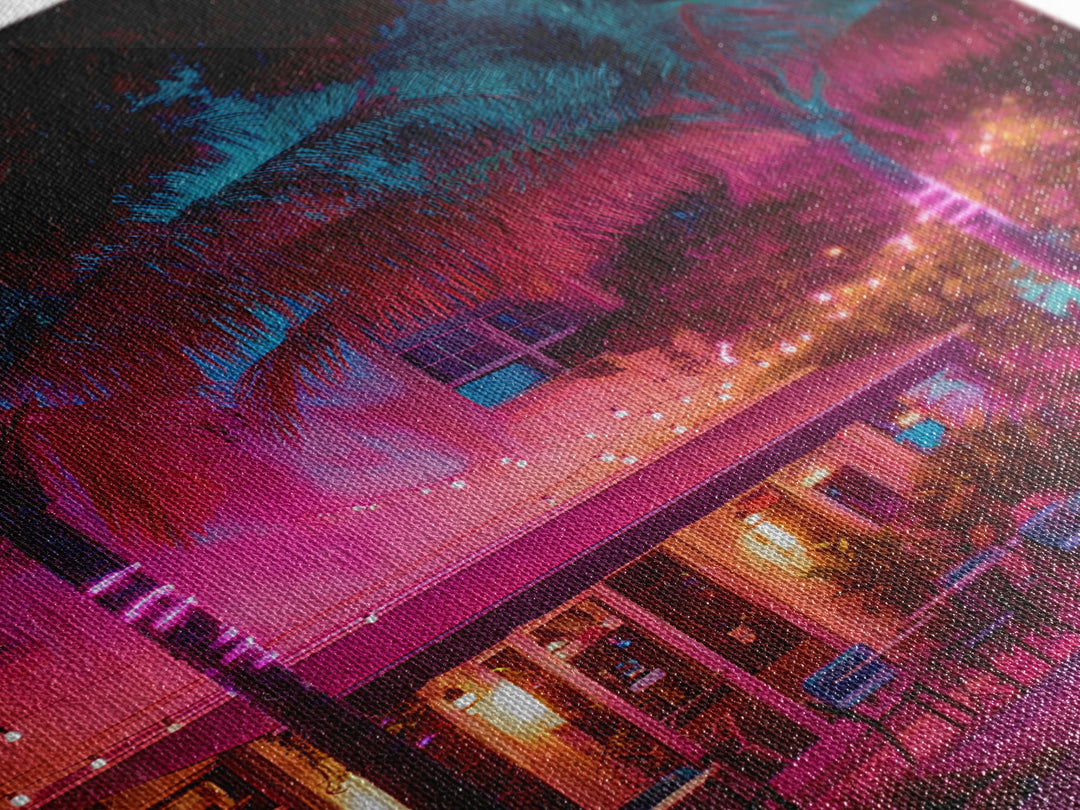Vibrant Nighttime Tropical Outdoor Cafe Scene In Pink And Blue Modern Wall Art Canvas Print
