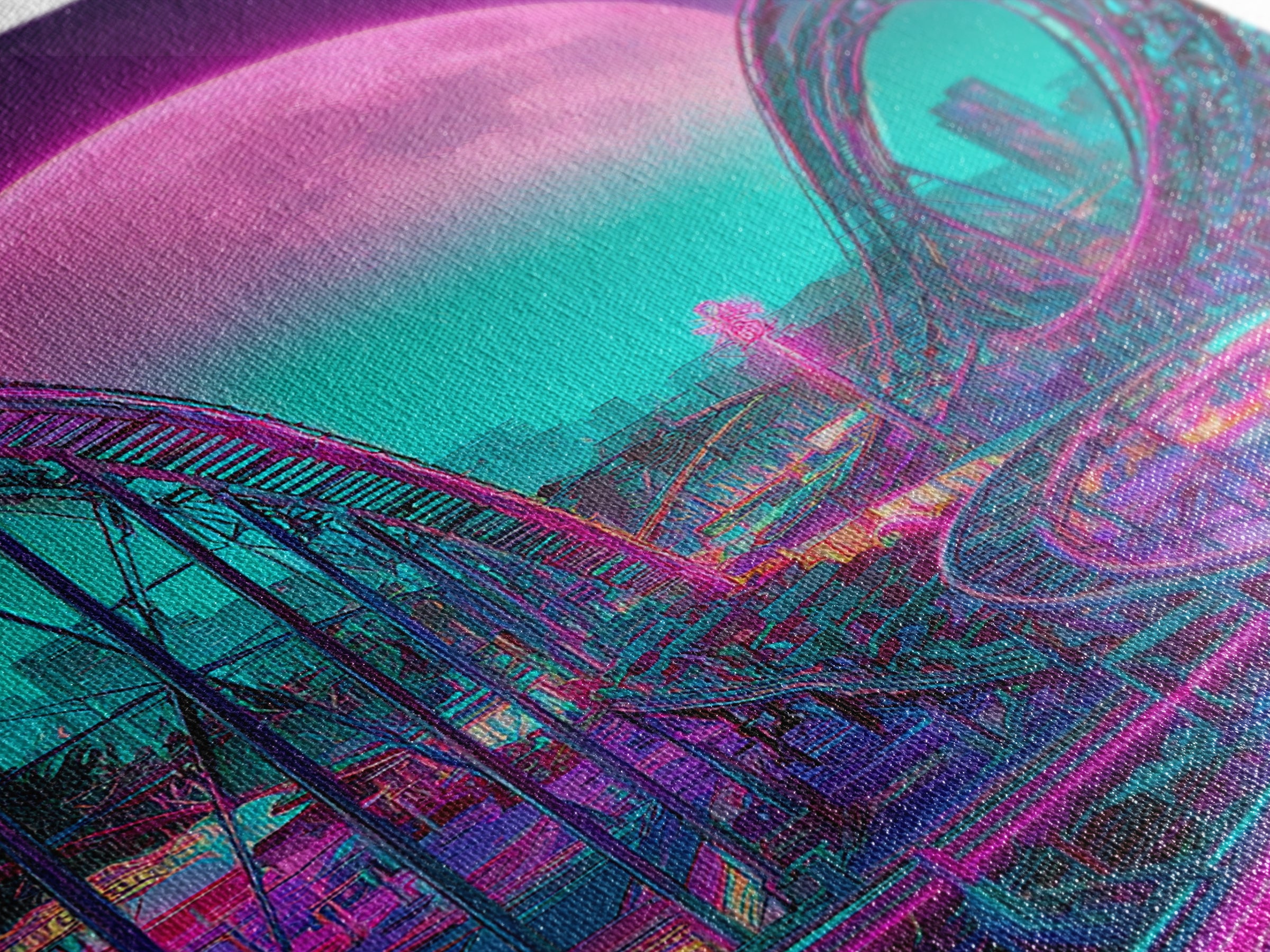Vibrant Retro Futuristic Roller Coaster Scene With Neon Pink Moon Wall Art Canvas Print For Gamers Room Decor