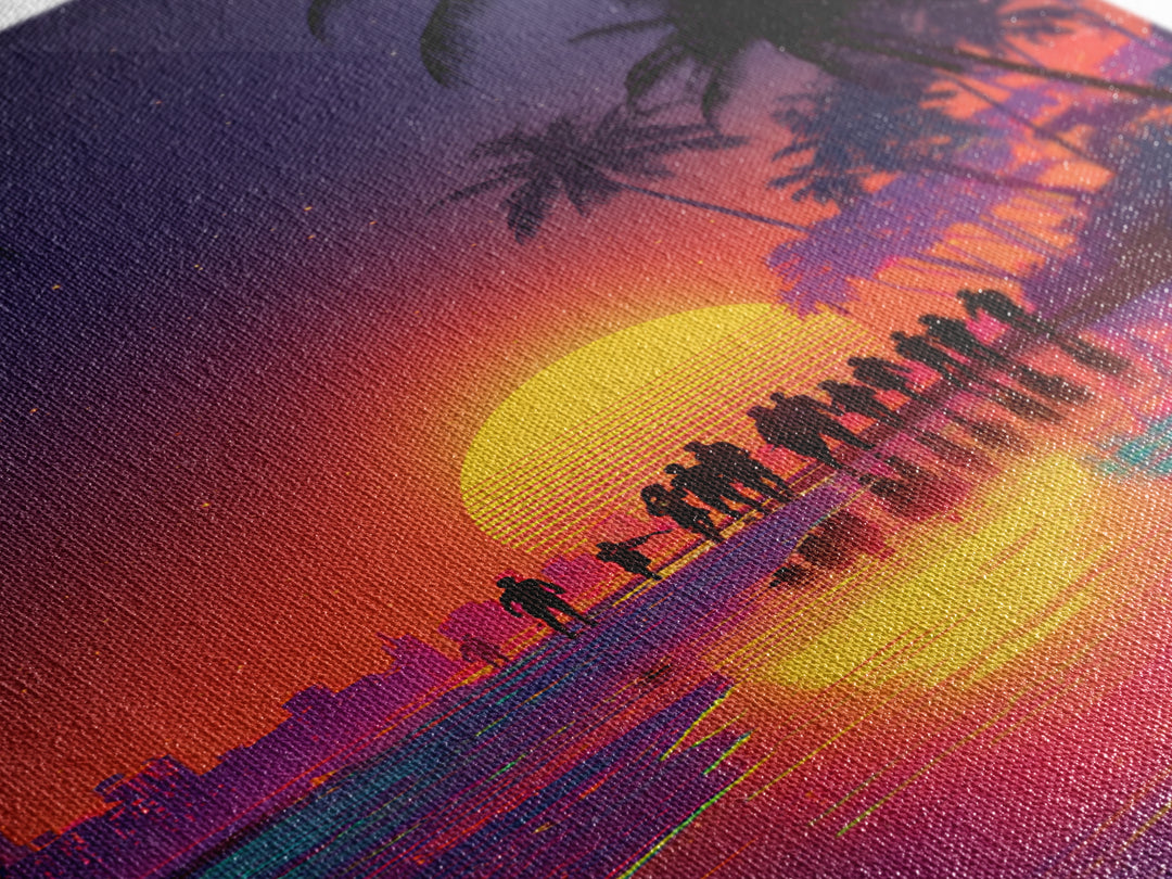 Modern Vibrant Sunset Beach Scene With People Silhouettes Wall Art Framed Canvas Print For Coastal Home Decor