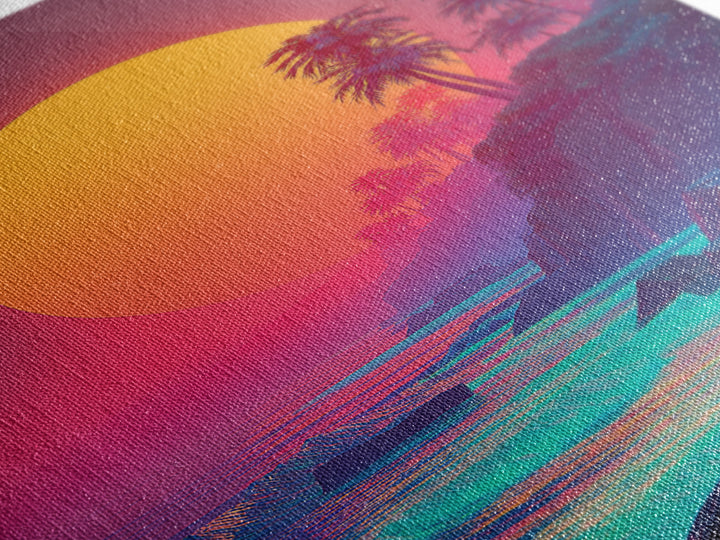 Vibrant Tropical Sunset With Palm Trees Ocean Coastline Digital Painting Canvas Print Modern Wall Art For Home Decor
