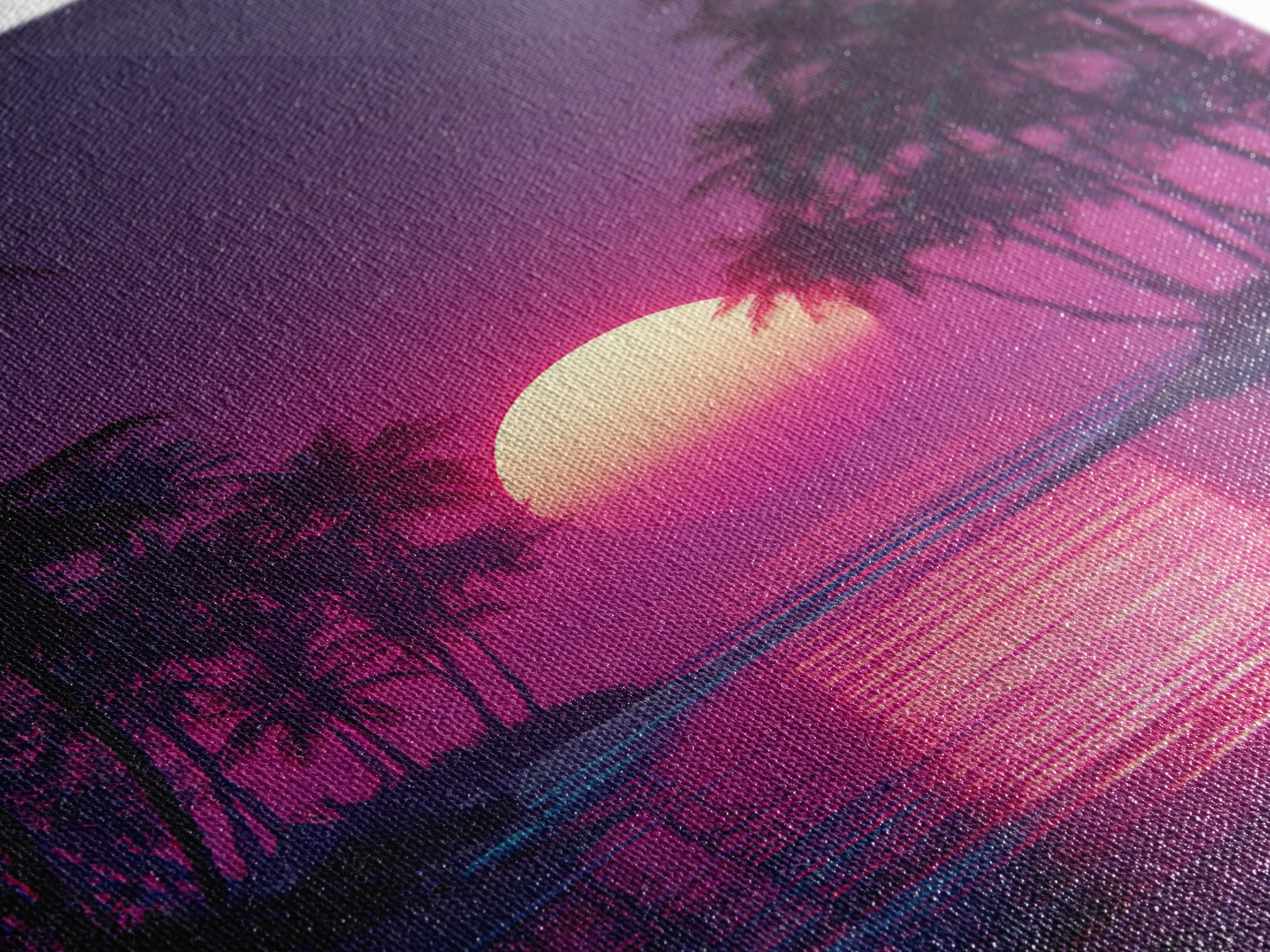 Gentle Pink Purple Tropical Sunset Over Calm Ocean With Palm Trees Wall Art For Relaxing Bedroom Decor