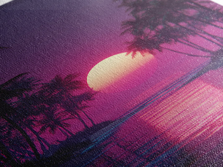 Gentle Pink Purple Tropical Sunset Over Calm Ocean With Palm Trees Wall Art For Relaxing Bedroom Decor