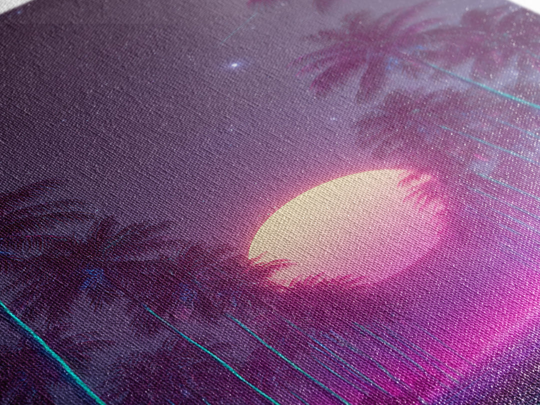 Retro Futuristic Neon Highway Leading To Large Vibrant Sun Over Palm Trees Digital Canvas Print Wall Art
