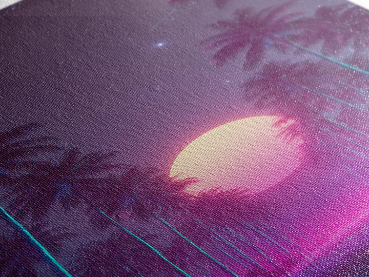 Retro Futuristic Neon Highway Leading To Large Vibrant Sun Over Palm Trees Digital Canvas Print Wall Art