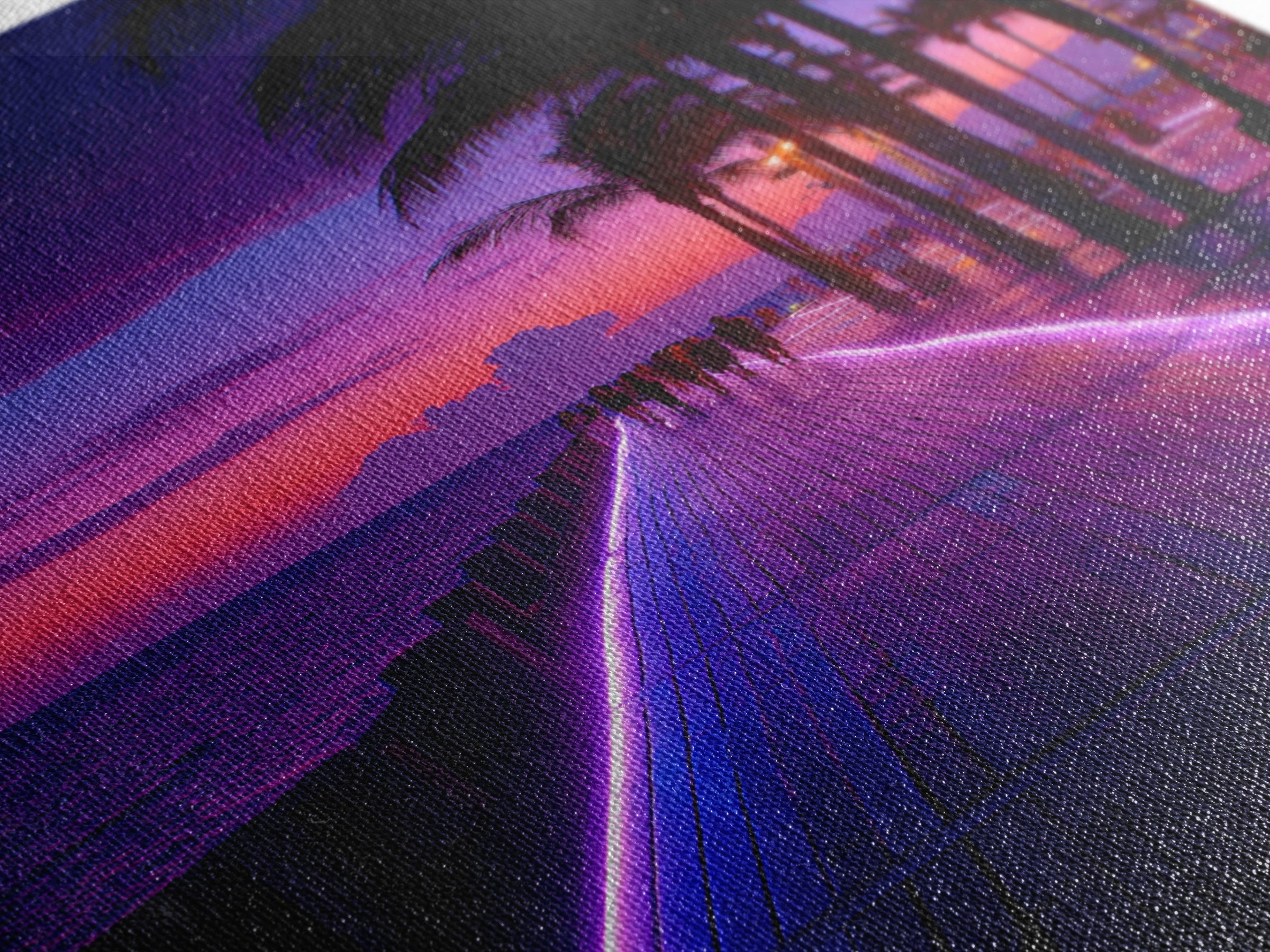 Neon Purple Boardwalk With Palm Trees At Twilight Coastal Photography - Canvas Print Modern Wall Art For Home Decor