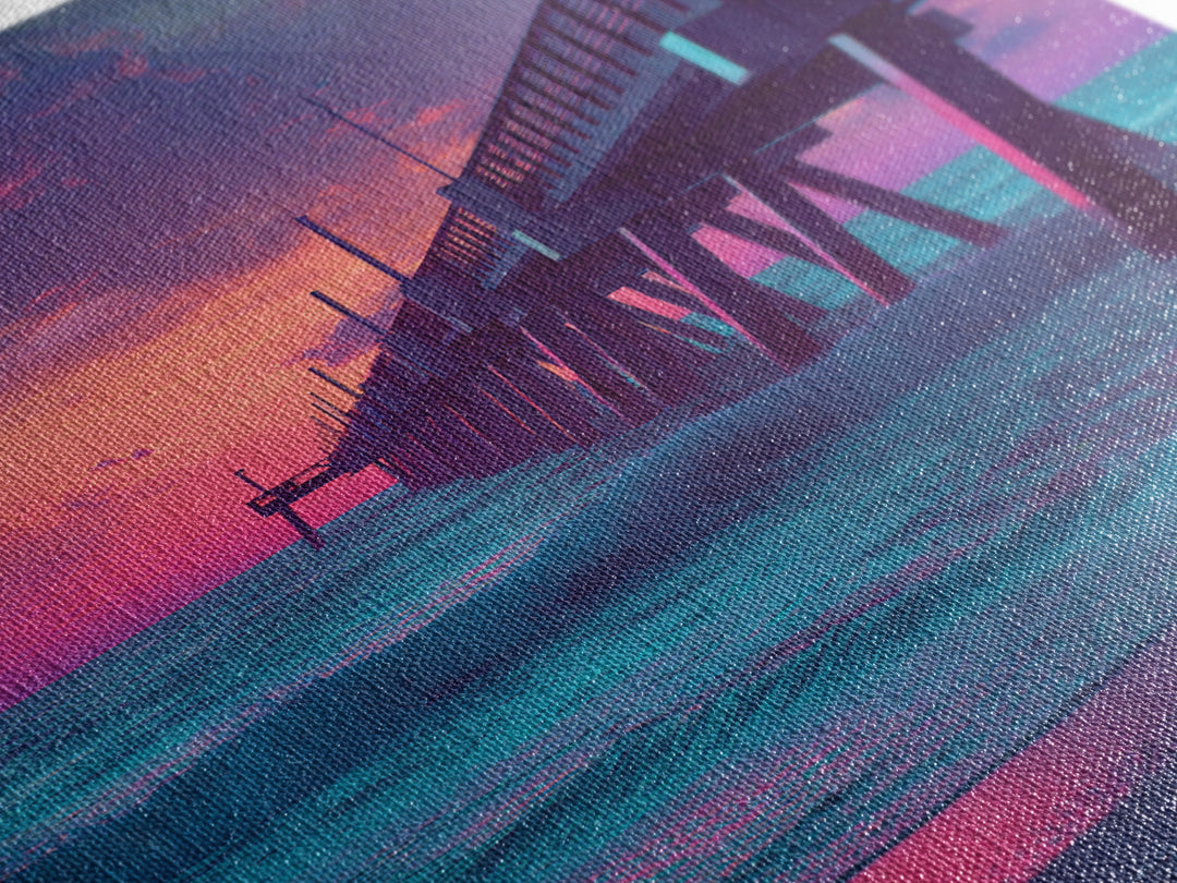 Mystical Purple And Blue Ocean Pier Sunset Wall Art Print For Beach House And Coastal Decor Canvas Print