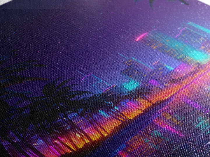 Neon Cityscape At Night With Reflections And Palm Trees Wall Art Framed Canvas Print For Modern Living Room Decor