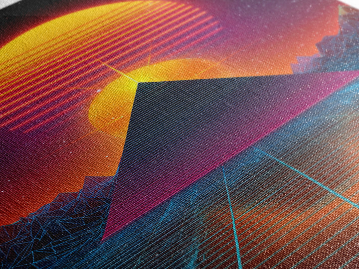 Futuristic Digital Pyramid And Sunset Landscape Sci-Fi Art Print Canvas For Unique Wall Art And Home Decor