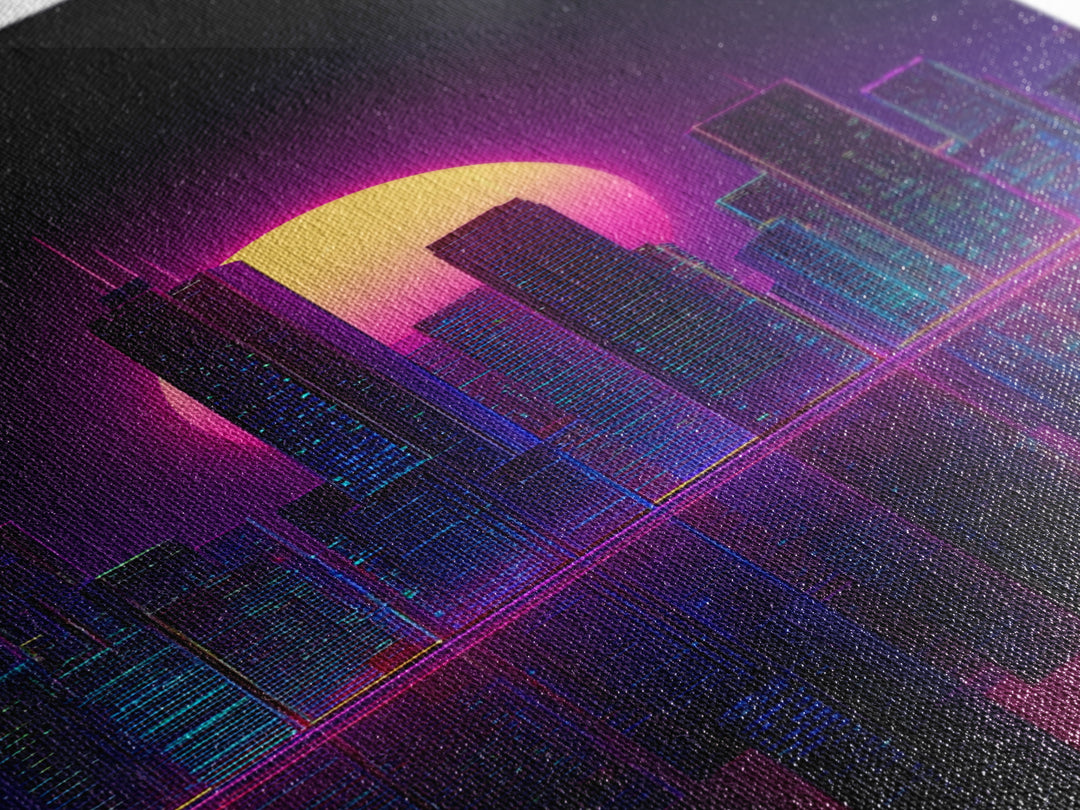Futuristic Neon Cityscape With Purple And Pink Sunset Sci-Fi Wall Art Framed Canvas Print For Modern Living Room Decor