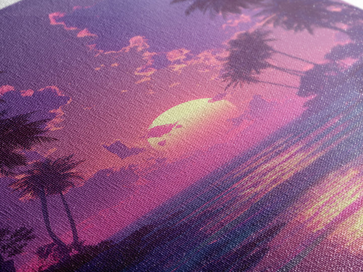 Peaceful Pink Purple Sunset Between Palm Trees Over Gentle Ocean Waves Framed Canvas Print For Home