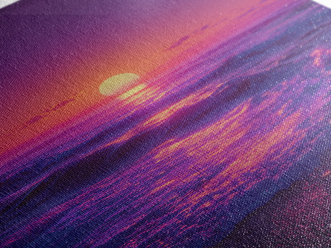 Surreal Ocean Sunset With Deep Purple And Pink Hues Canvas Print For Bedroom Wall Art And Coastal Home Decor