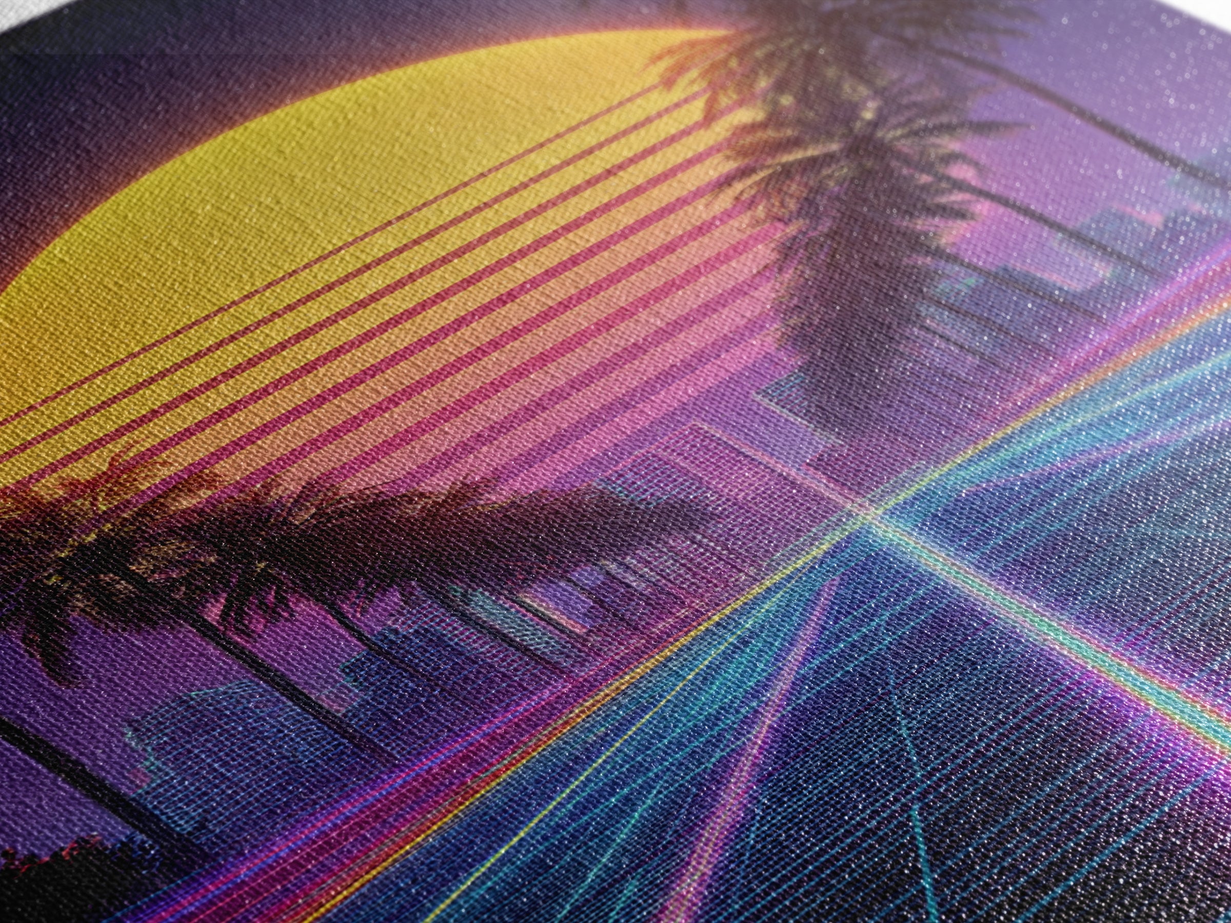 Retro Sunset Over Neon Cityscape With Palm Trees Digital Wall Art Framed Canvas Print Modern Wall Decor