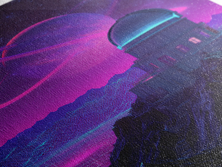 Futuristic Neon Space Observatory With Glowing Planet Against Starry Sky Wall Art Canvas Print For Sci Fi Decor