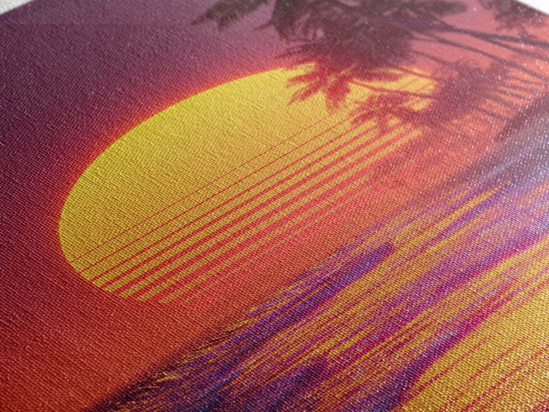 Bright Neon Orange Sun Over Tropical Beach Palm Trees With Stunning Waves Canvas Print Vibrant Modern Wall Art For Home