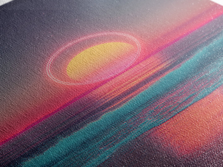 Digital Neon Sunset Ocean With Circular Glow Abstract Waves Modern Wall Art Large Framed Canvas Print Coastal Decor