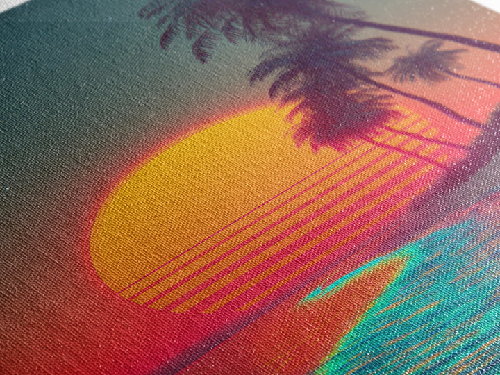 Retro Sunset Beach Landscape With Vibrant Neon Ocean Waves And Palm Trees Canvas Print For Modern Coastal Home Decor