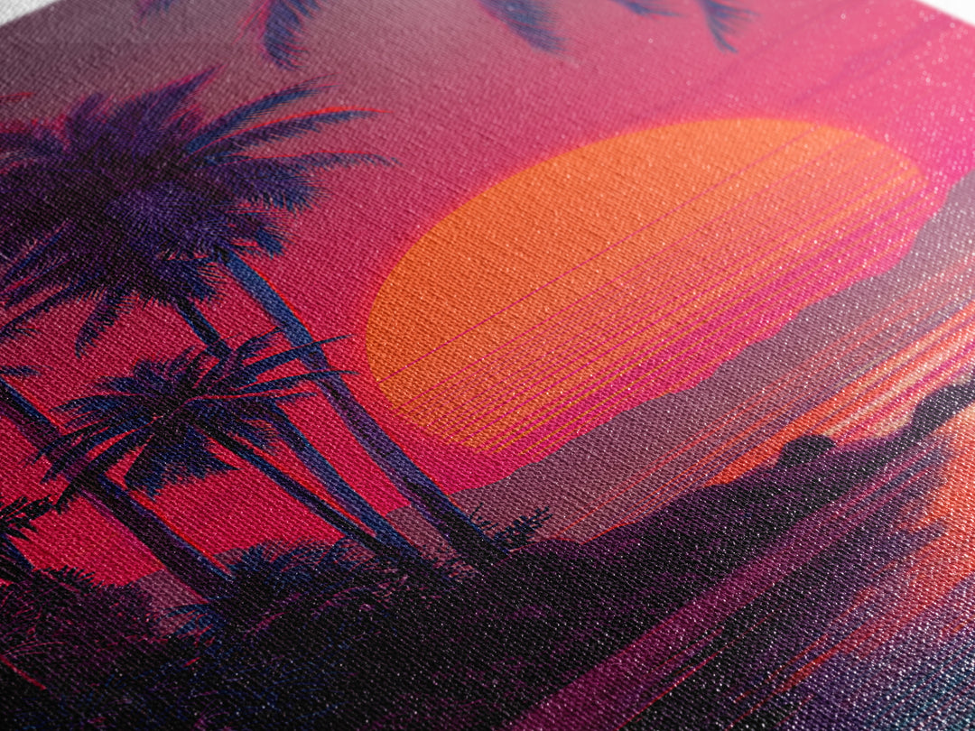 Evocative Tropical Sunset Island Coastal Artwork With Vibrant Red And Pink Sky Canvas Print For Modern Tropical Wall Decor