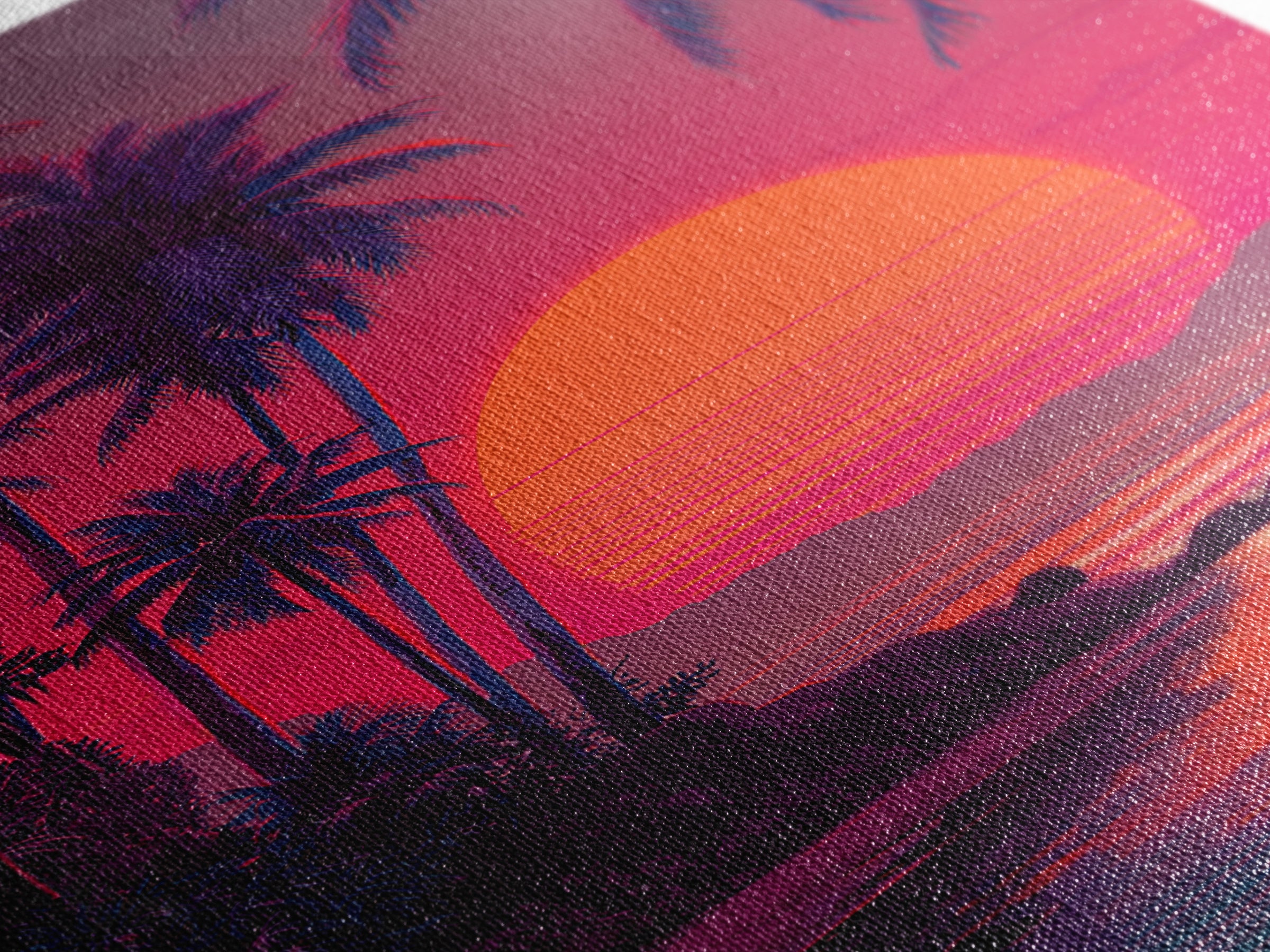 Evocative Tropical Sunset Island Coastal Artwork With Vibrant Red And Pink Sky Canvas Print For Modern Tropical Wall Decor