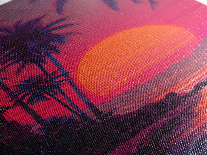 Evocative Tropical Sunset Island Coastal Artwork With Vibrant Red And Pink Sky Canvas Print For Modern Tropical Wall Decor