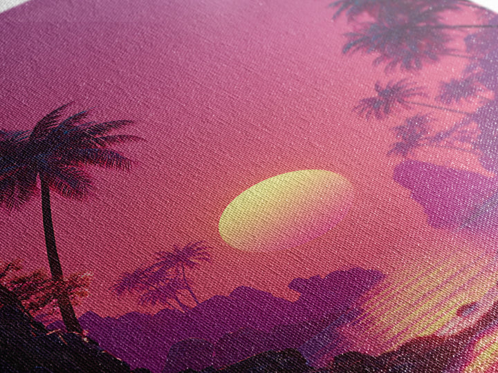 Stunning Pink Sunset Tropical Beach Landscape With Palm Trees Wall Art Canvas Print For Coastal Home Decor And Bedroom