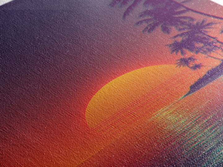 Vibrant Retro Sunset Over Tropical Beach Digital Artwork Modern Wall Art Framed Canvas Print Coastal Home Decor