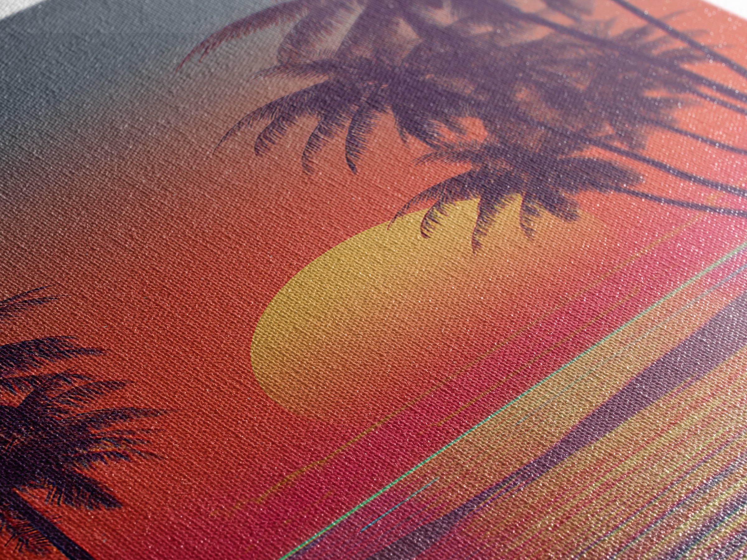 Tropical Sunset Beach Scene Wall Art With Palm Trees And Vibrant Coral Sky Framed Canvas Print Perfect For Coastal Home Decor