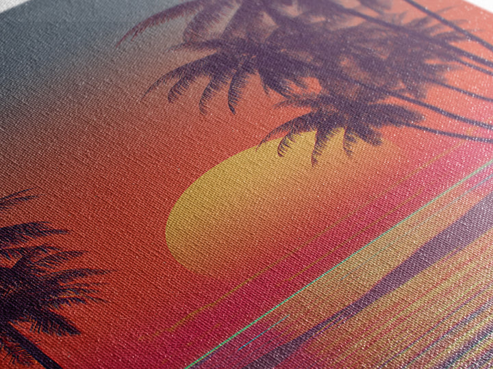 Tropical Sunset Beach Scene Wall Art With Palm Trees And Vibrant Coral Sky Framed Canvas Print Perfect For Coastal Home Decor