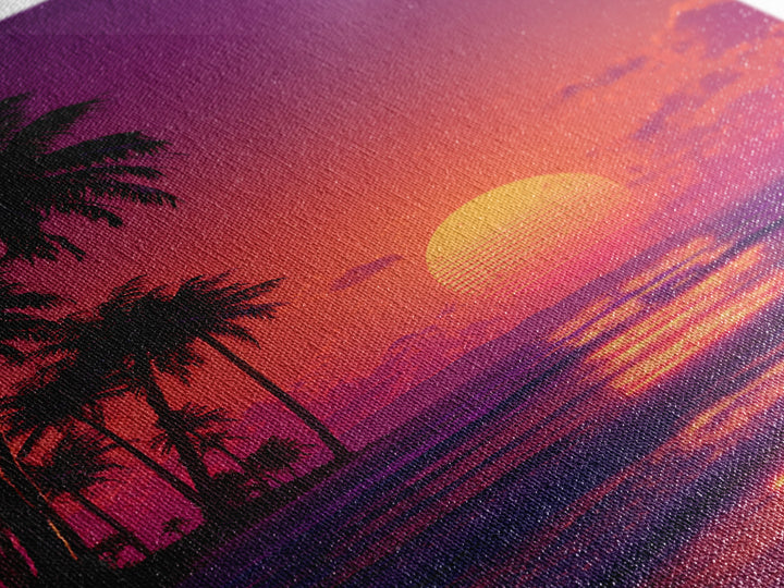Vibrant Retro Sunset Beach Palm Tree Painting Wall Art Print For Bedroom And Coastal Home Decor Canvas Print