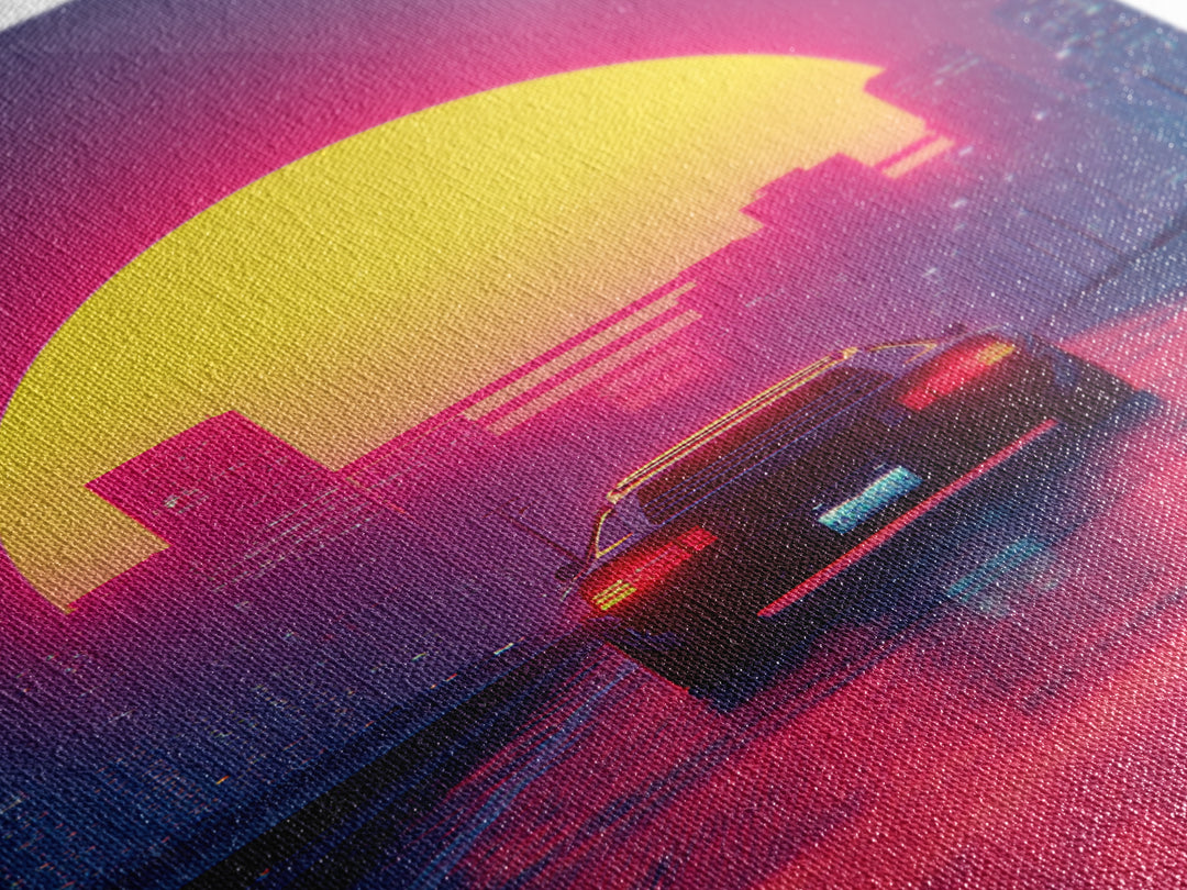 Retro Futuristic Neon Cityscape With Classic Car Sunset Wall Art Canvas Print Gaming Room Decor Modern Urban Art