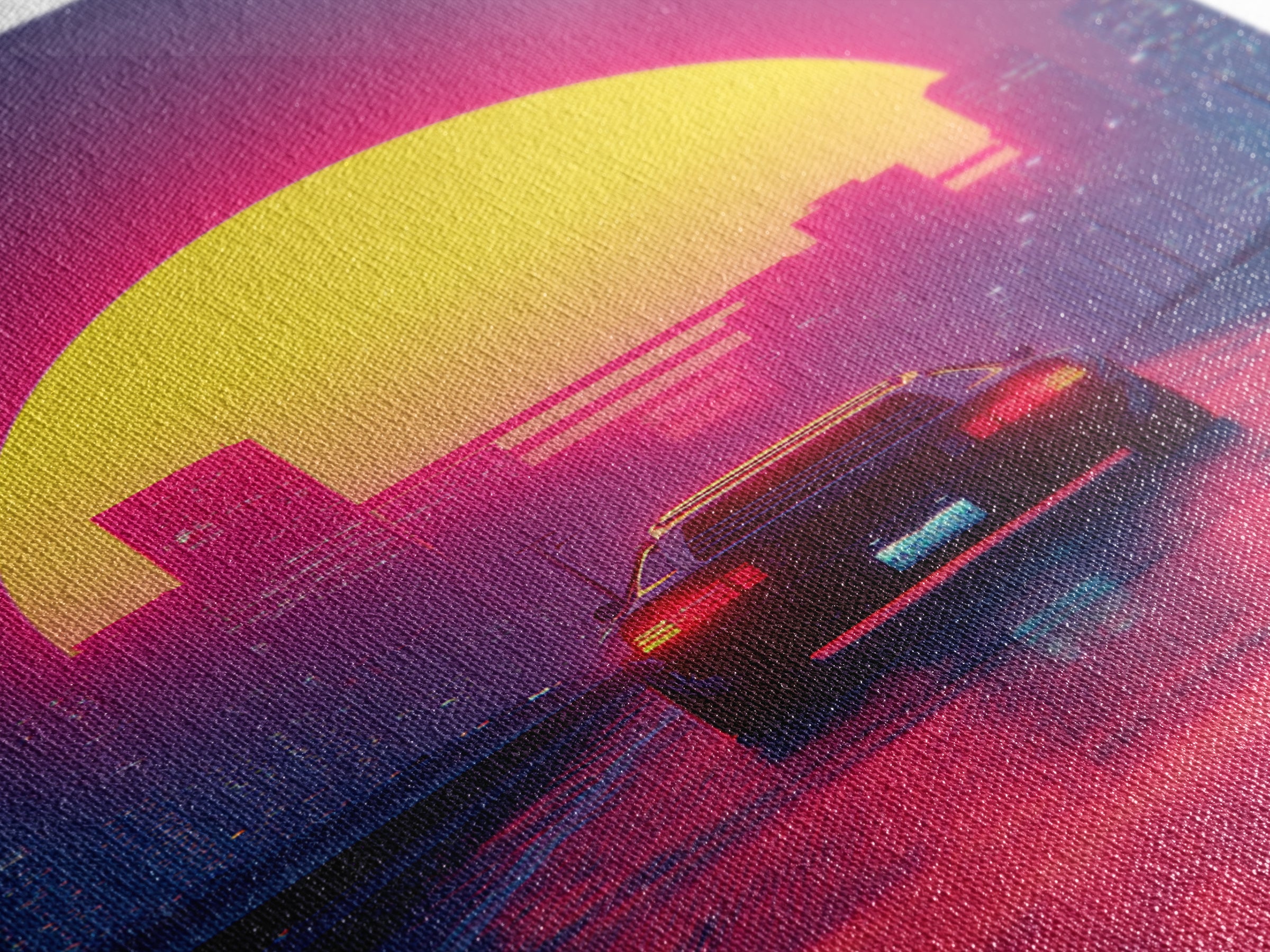 Retro Futuristic Neon Cityscape With Classic Car Sunset Wall Art Canvas Print Gaming Room Decor Modern Urban Art