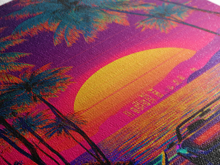 Retrowave Neon Sunset With Palm Trees And Convertible Car Canvas Print For Modern Wall Art Coastal Home Decor