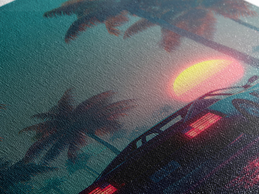 Retro Futuristic Car At Sunset Surrounded By Palm Trees With Neon Glow Vibrant Digital Art Canvas Print