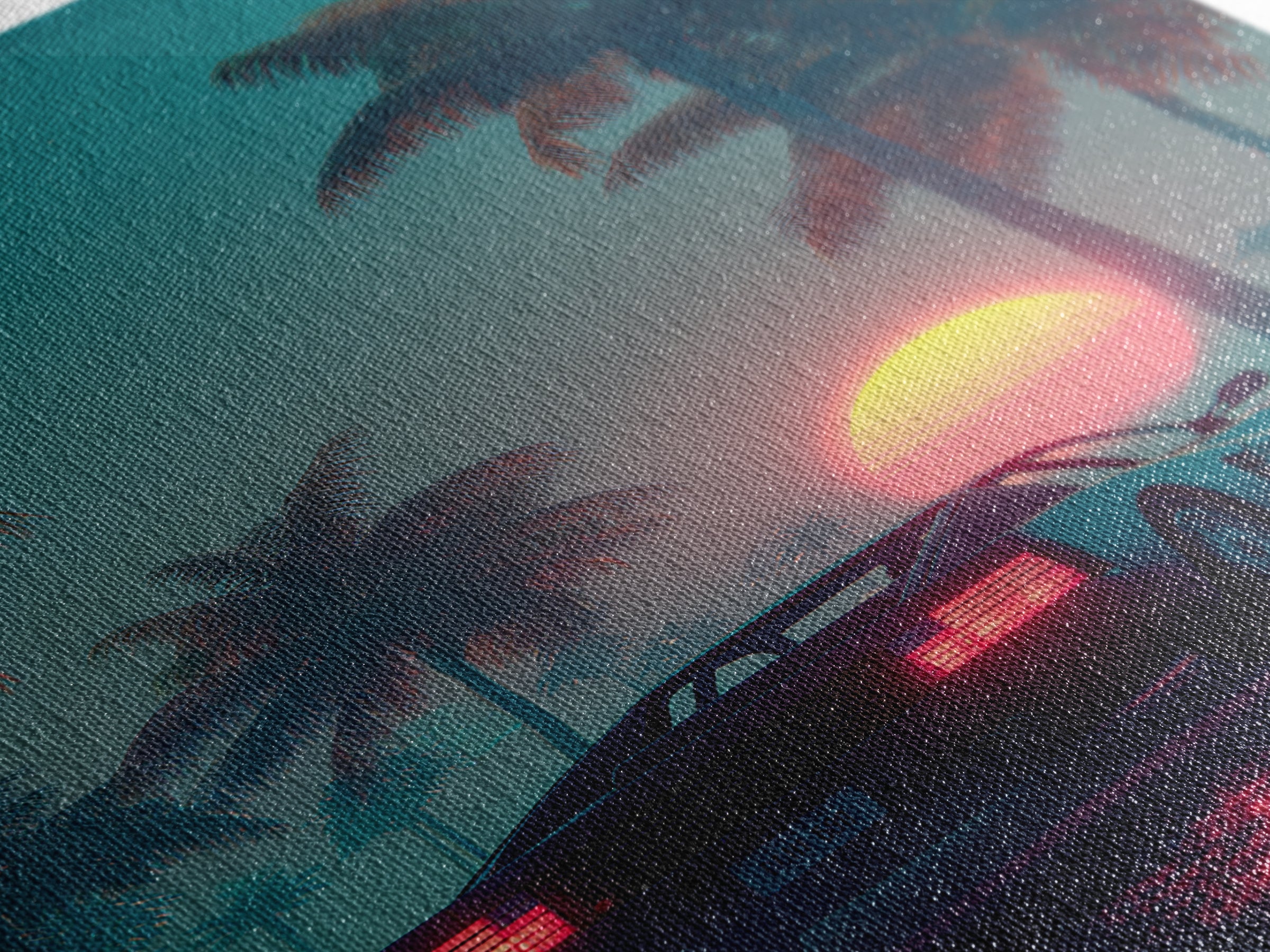 Retro Futuristic Car At Sunset Surrounded By Palm Trees With Neon Glow Vibrant Digital Art Canvas Print