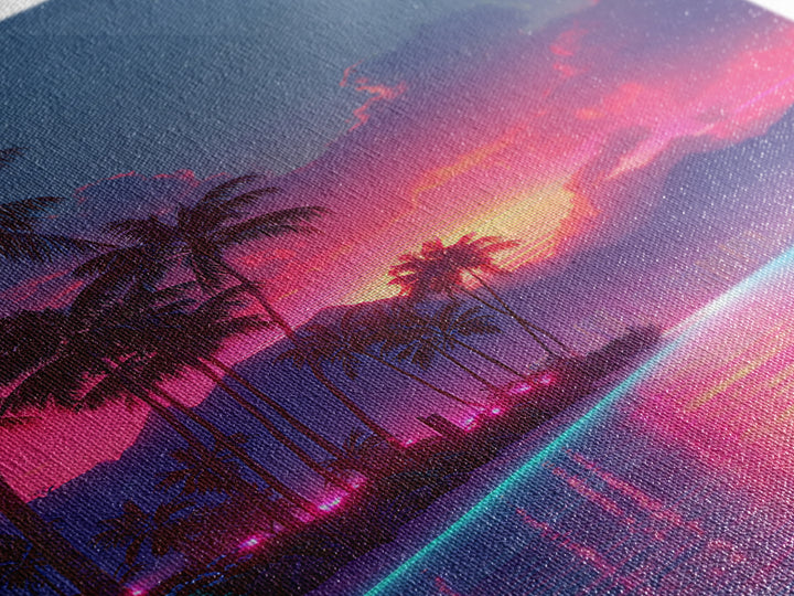 Vibrant Sunset Over Tropical Beach With Palm Trees And Reflective Ocean Modern Wall Art Print Canvas