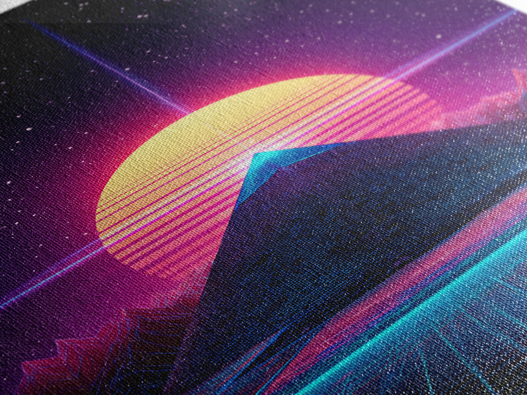 Retro Futuristic Neon Pyramid With Sun And Stars Canvas Print Modern Wall Art For Sci Fi Home Decor And Office