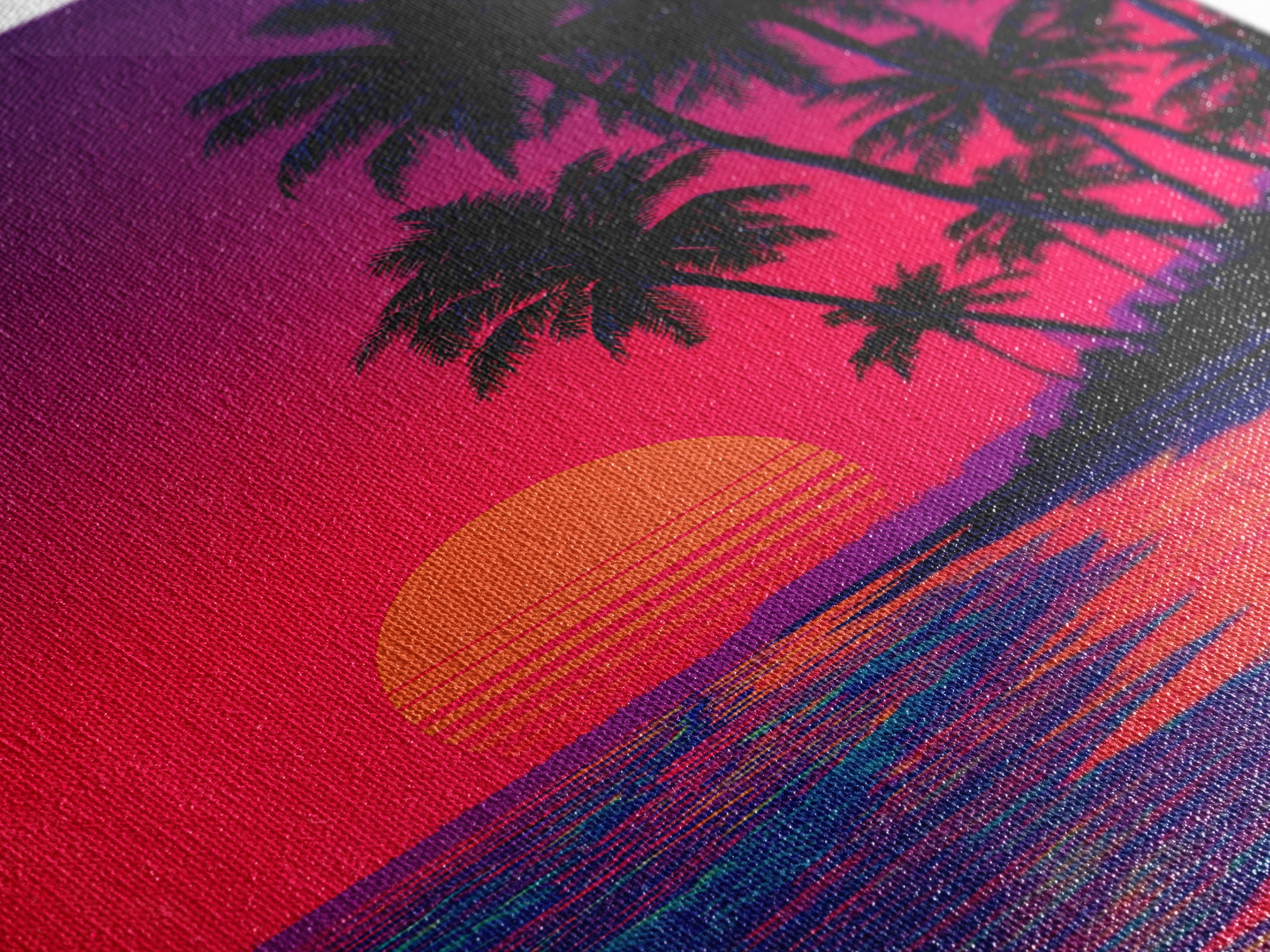 Vibrant Sunset Over Tropical Beach With Palm Trees Digital Wall Art Framed Canvas Print For Home Decor