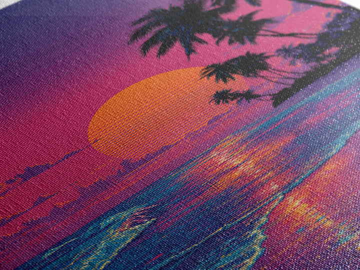 Digital Tropical Beach Sunset Wall Art Vibrant Retro Canvas Print For Coastal Living Room Decor And Relaxing Home Vibes