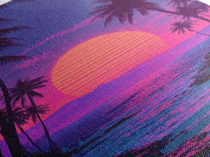 Vibrant Pink And Purple Tropical Beach Sunset With Palm Trees And Calm Ocean Retro Style Canvas Print