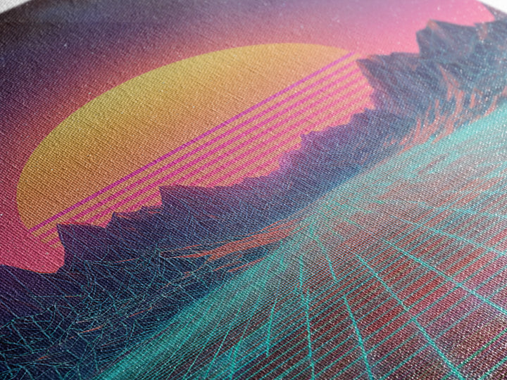 Retro Futuristic Synthwave Neon Sunset Over Wireframe Mountains Wall Art Print For Bedroom Decor Contemporary Canvas Print