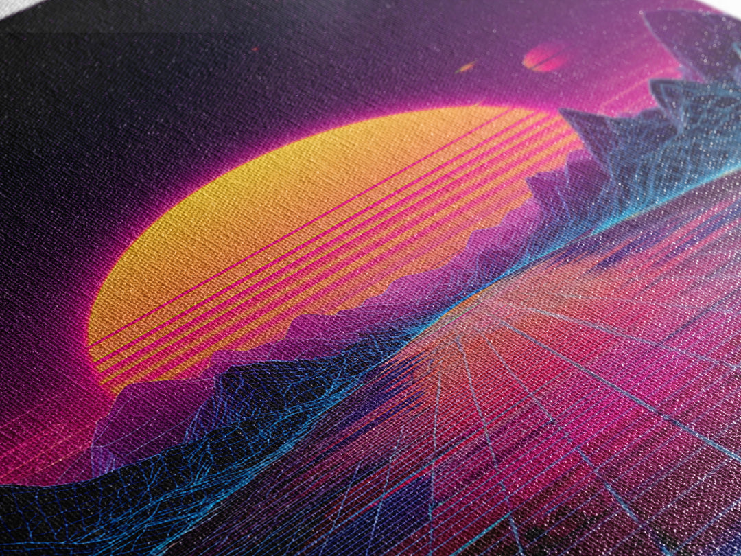 Retro Futuristic Sunset Landscape With Neon Grid Mountains And Starry Sky Wall Art Canvas Print For Modern Home Decor
