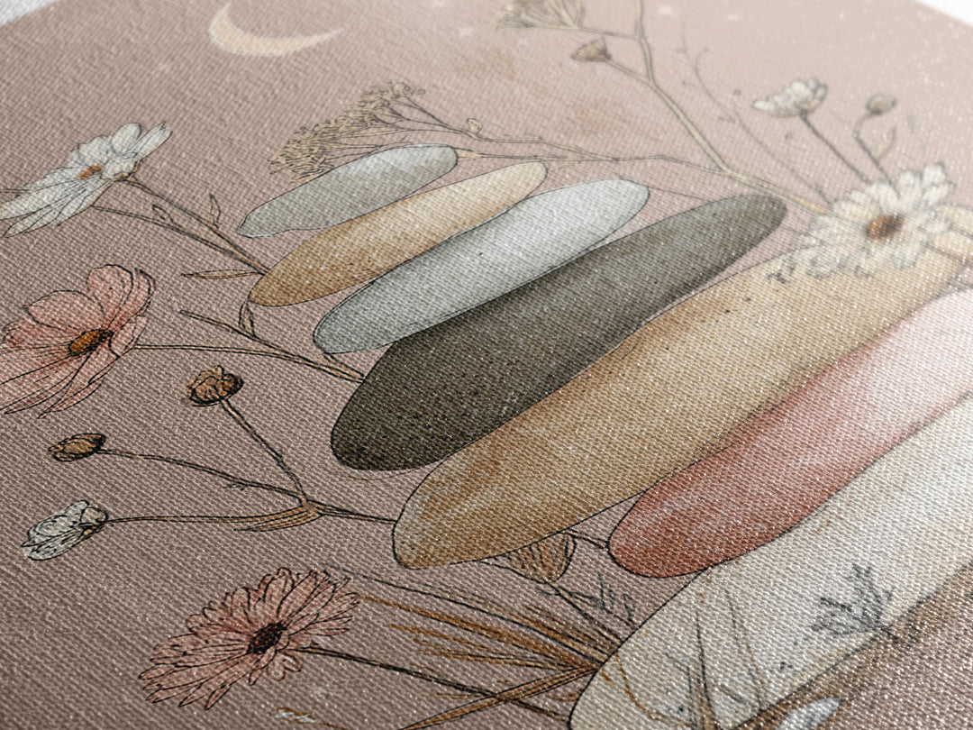 Stacked Zen Stones And Wildflowers Wall Art, Spa Bathroom Decor, Meditation Room Art, Neutral Boho Print, Calming Home Decor
