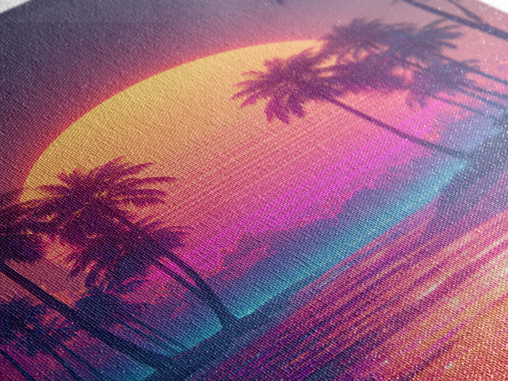 Vibrant Retro Sunset Over Tropical Beach With Palm Trees Large Wall Art Framed Canvas Print Coastal Home Decor
