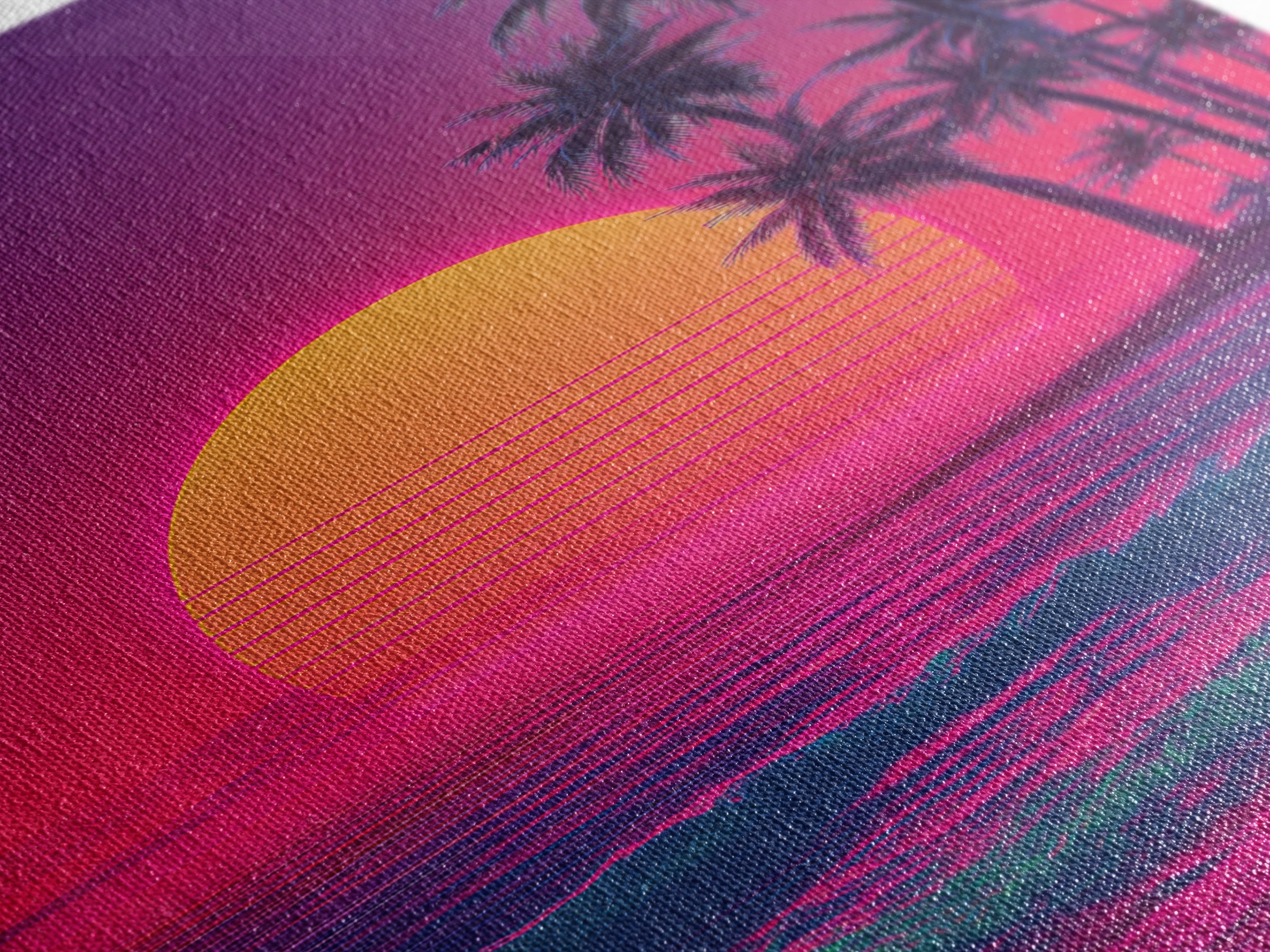 Vibrant Neon Sunset Beach With Palm Trees Retro 80s Themed Wall Art For Living Room Decor Framed Canvas Print