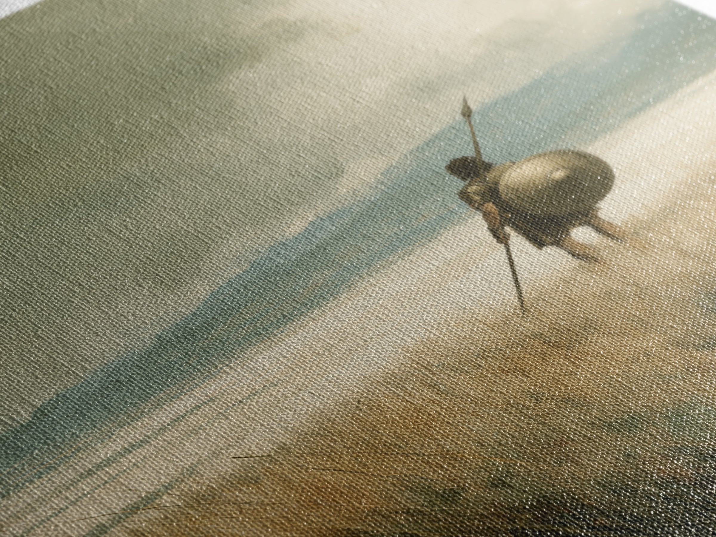 Solitary Spearman With Round Shield In Misty Field Wall Art, Ancient Warrior Canvas Print For Neutral Rustic Home Decor And Gift