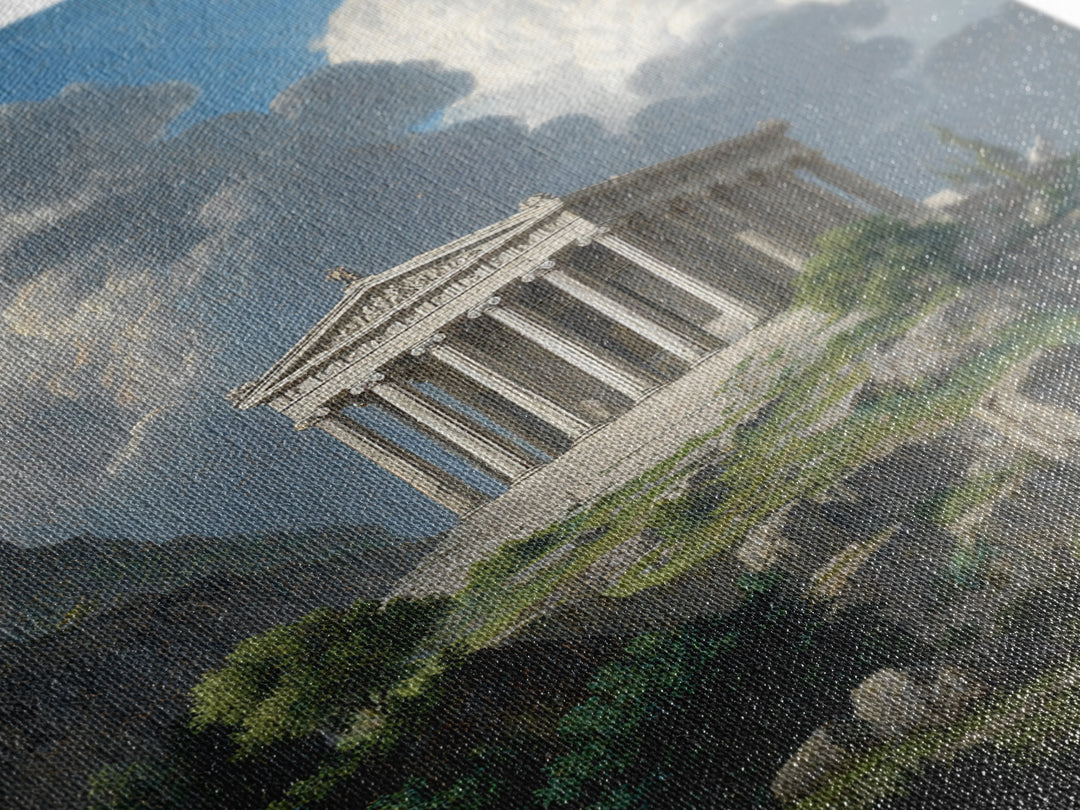 Ancient Greek Temple Under Towering Clouds Canvas Print, Classical Landscape Wall Art, Mediterranean Home Decor, Fine Art