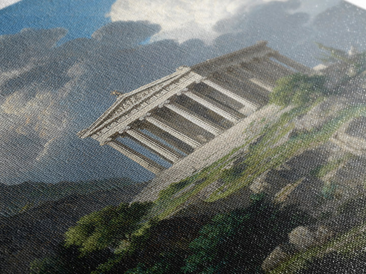 Ancient Greek Temple Under Towering Clouds Canvas Print, Classical Landscape Wall Art, Mediterranean Home Decor, Fine Art
